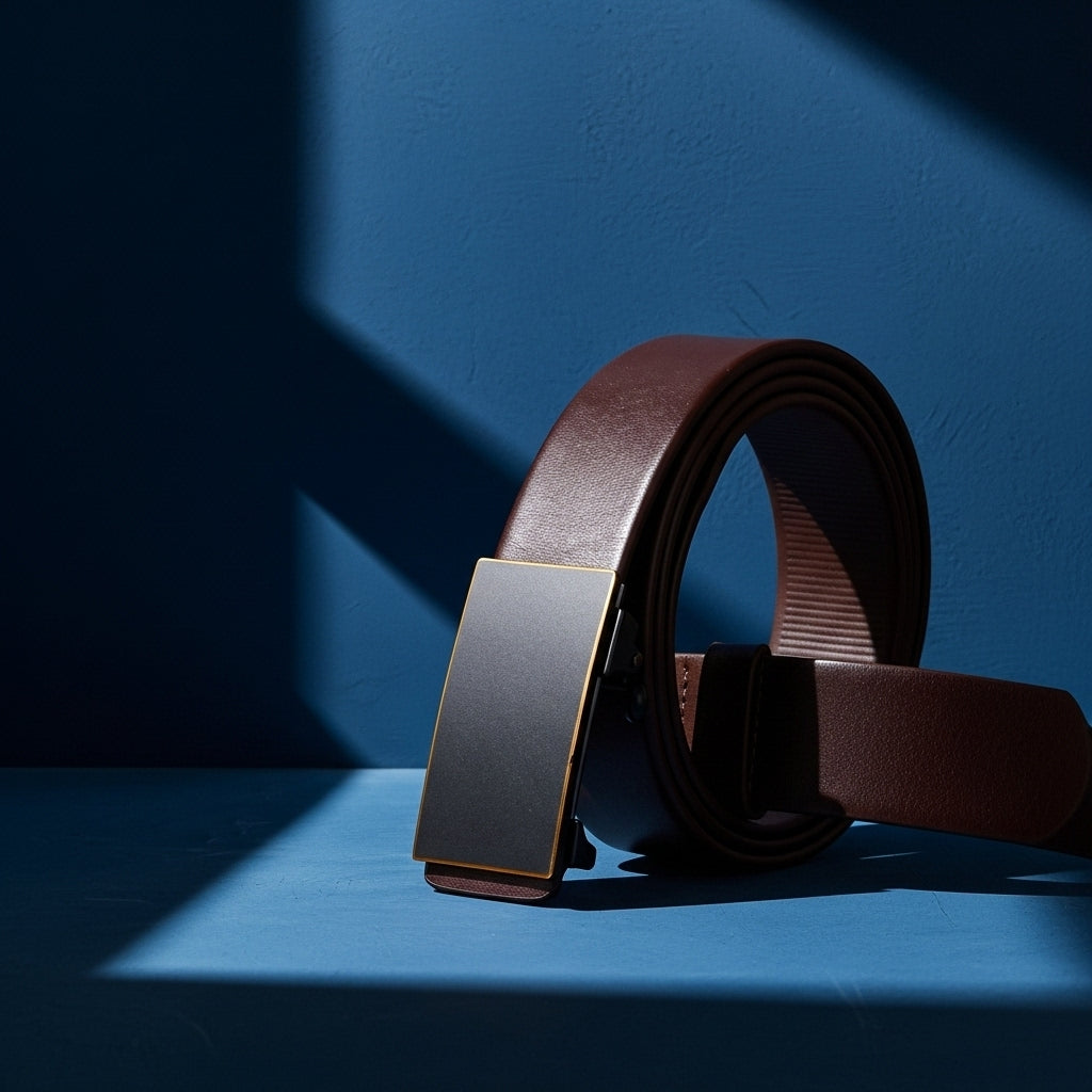 Ceinture Armand 1 marron en cuir pleine fleur avec boucle automatique rectangulaire en alliage métallique brossé et doré. #fullwidth
