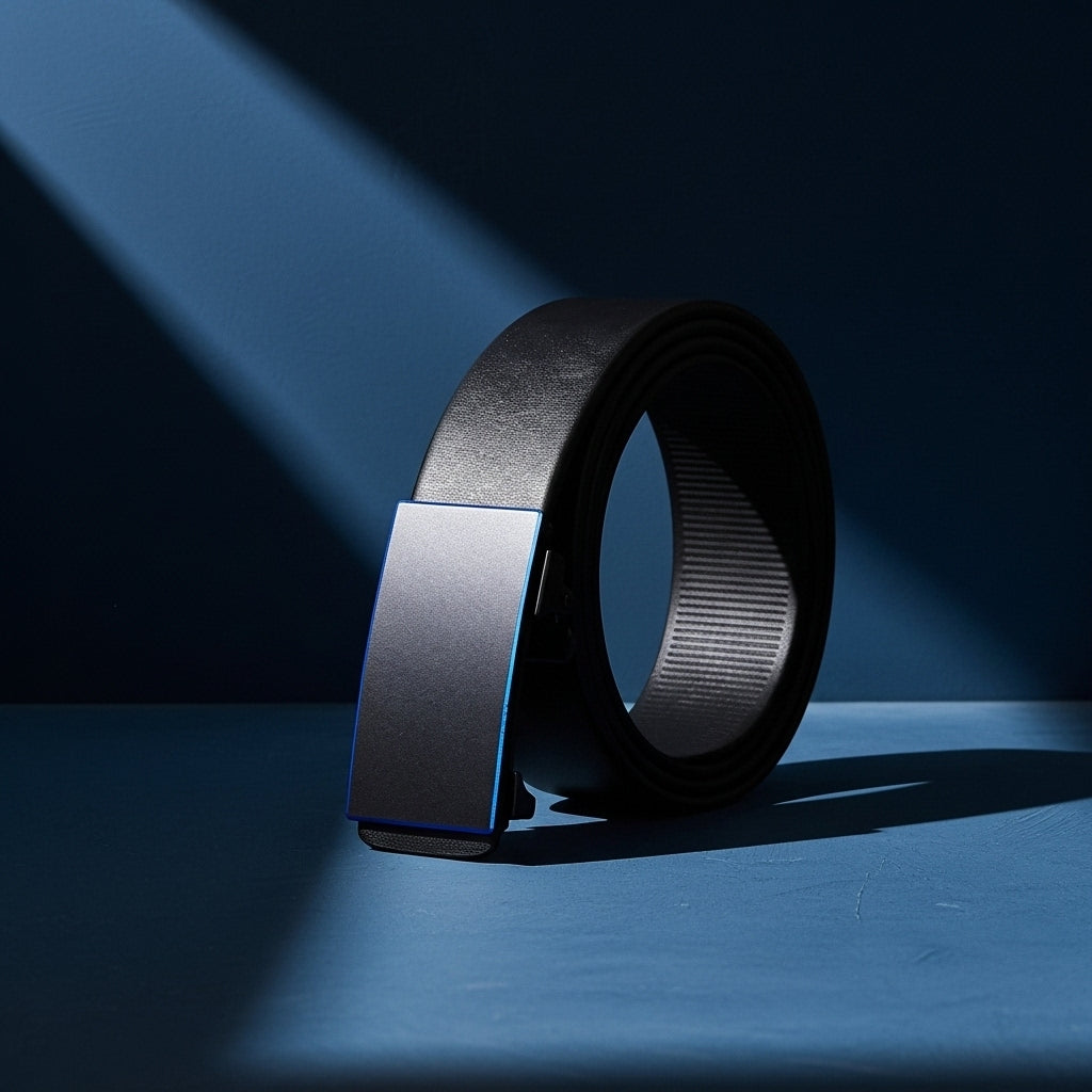 Ceinture Armand 2 noire en cuir de vachette pleine fleur avec boucle automatique rectangulaire en alliage métallique et liseré bleu. #fullwidth