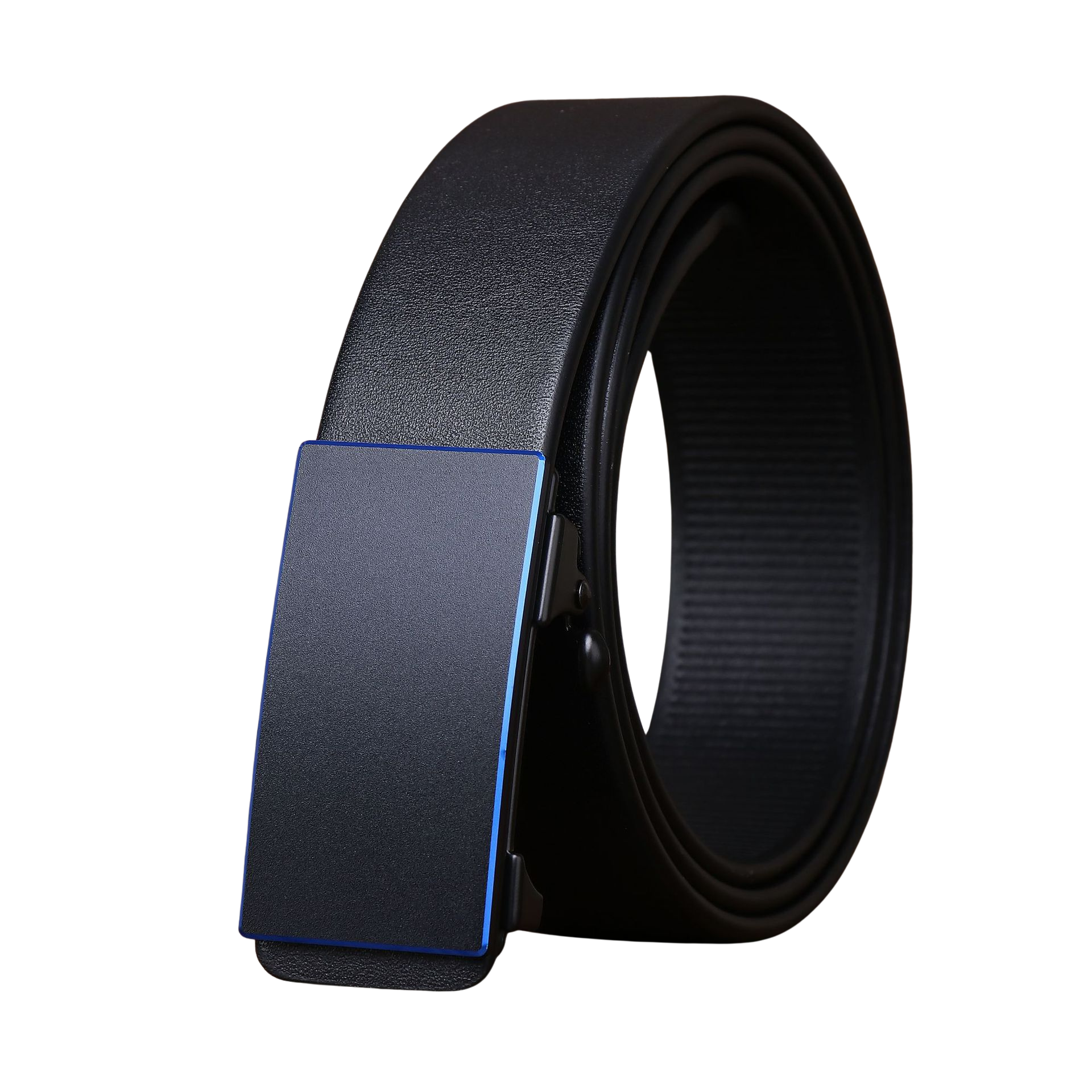Ceinture homme Armand 2 en cuir noir avec boucle automatique rectangulaire métallique et détails bleus