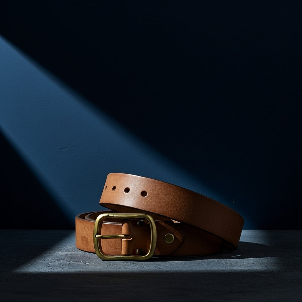 Ceinture Arsène en cuir pleine fleur couleur cognac avec boucle ardillon rectangulaire en laiton vieilli et finition brossée, style rétro et élégant. #fullwidth