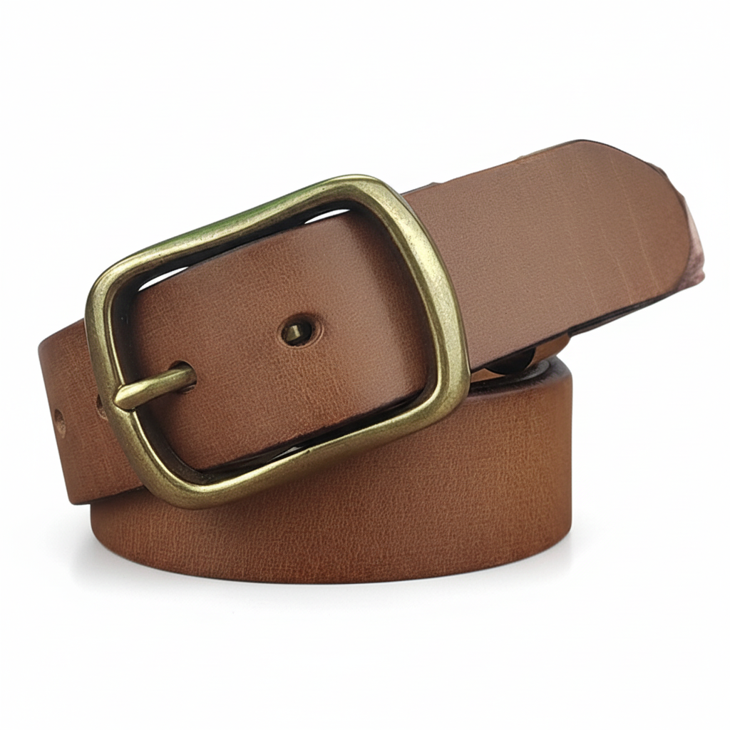 Ceinture Arsène en cuir marron avec boucle ardillon dorée vieillie