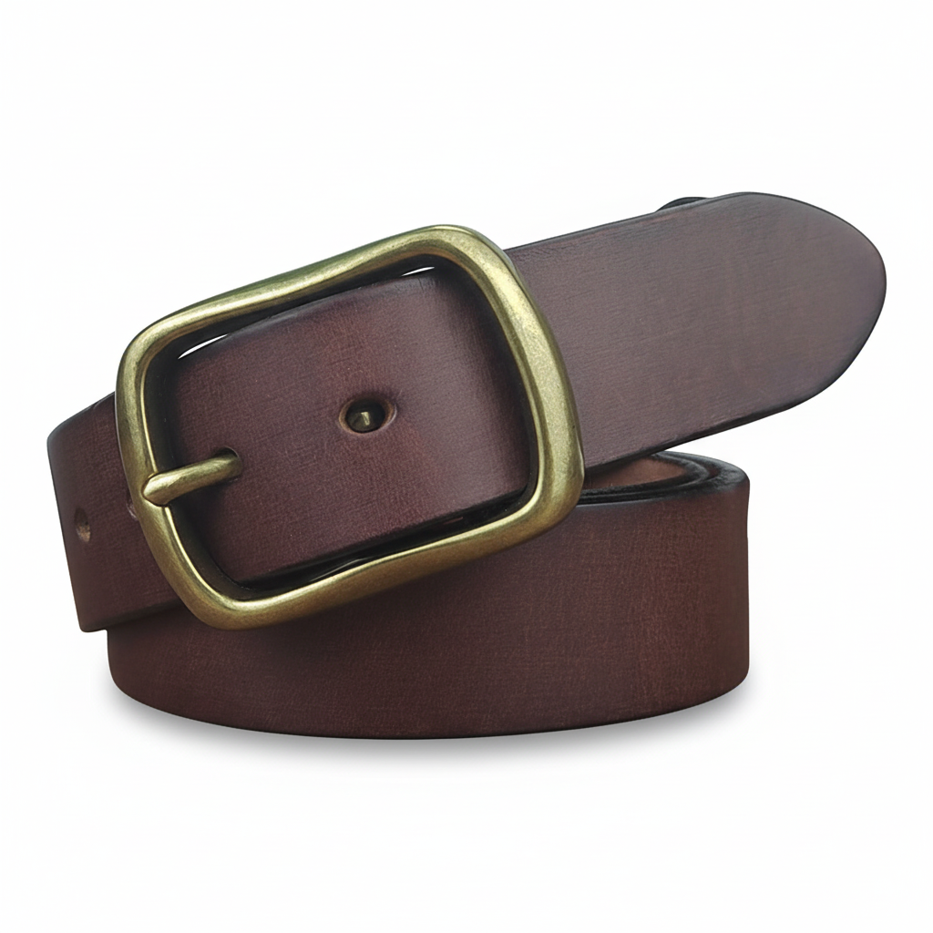 Ceinture en cuir marron pour homme, modèle Arsène, avec boucle ardillon rectangulaire en cuivre doré vieilli et finition brossée.