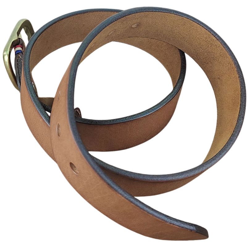 Ceinture en cuir pleine fleur marron avec boucle ardillon dorée vieillie, modèle Arsène.
