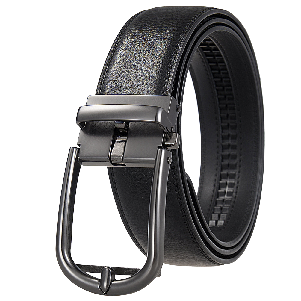 Ceinture homme Arsinoé 1 en cuir de vachette noir avec boucle automatique gunmetal et finition grainée.