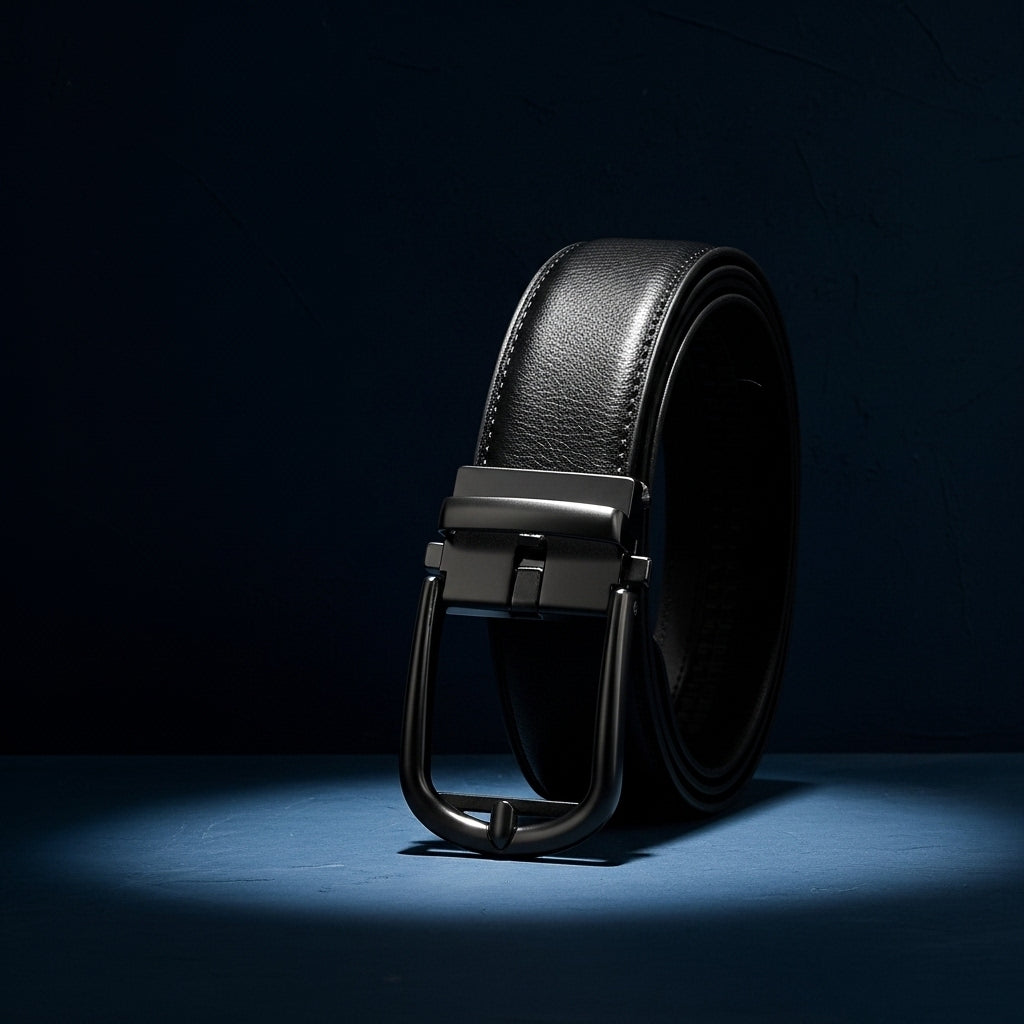 Ceinture pour homme Arsinoé 1 en cuir noir avec boucle automatique gunmetal épurée et finition grainée. #fullwidth