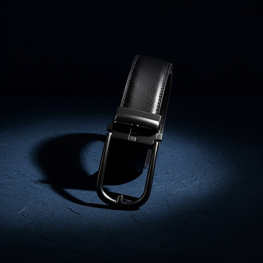 Ceinture homme Arsinoé 1 en cuir noir avec boucle rectangulaire gunmetal et passant discret, finition grainée #fullwidth