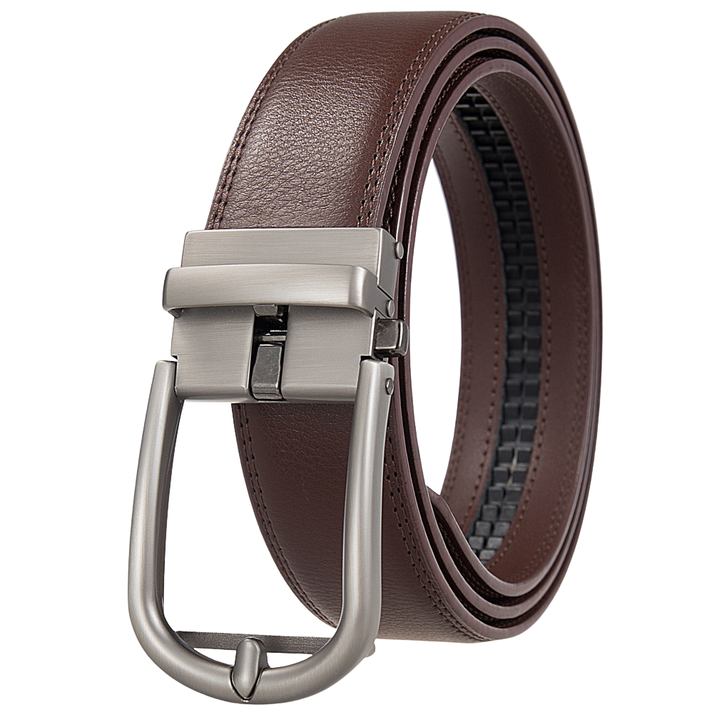 Ceinture homme Arsinoé 1 en cuir de vachette marron avec une boucle argentée automatique et un fini grainé.