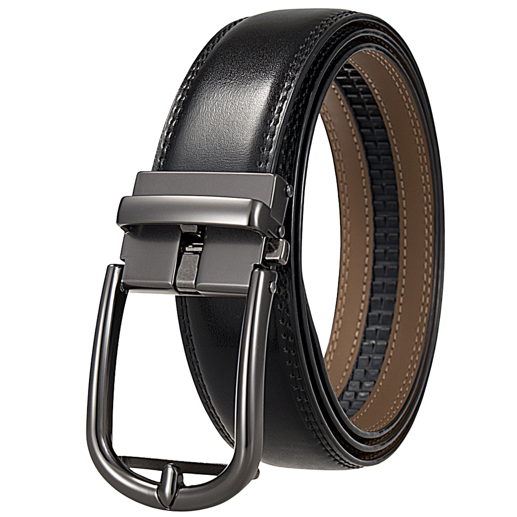 Ceinture homme Arsinoé 2 en cuir de vachette noir avec boucle automatique gunmetal et finition surpiqûre.