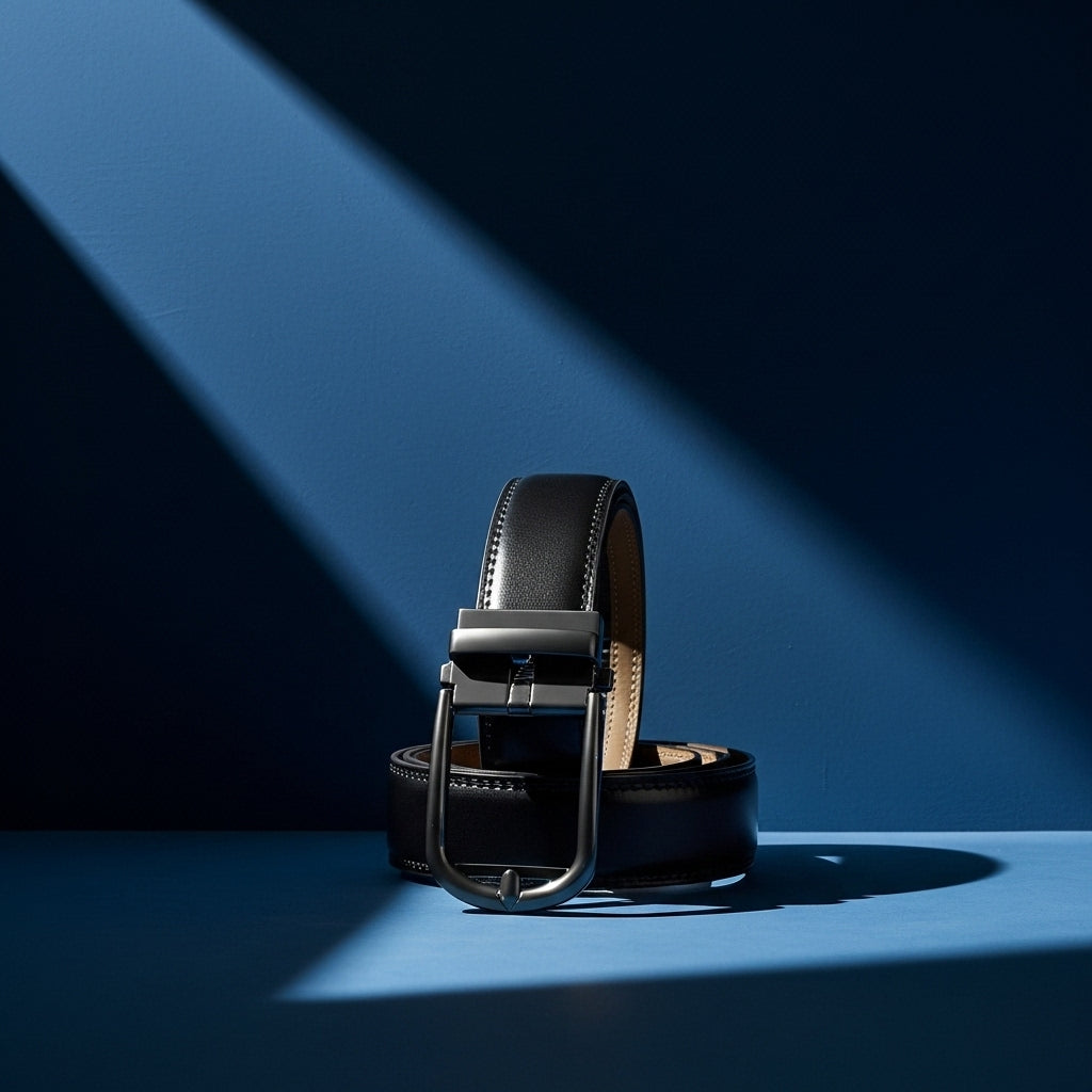 Ceinture pour homme Arsinoé 2 en cuir de vachette noir avec boucle automatique gunmetal arrondie, #fullwidth
