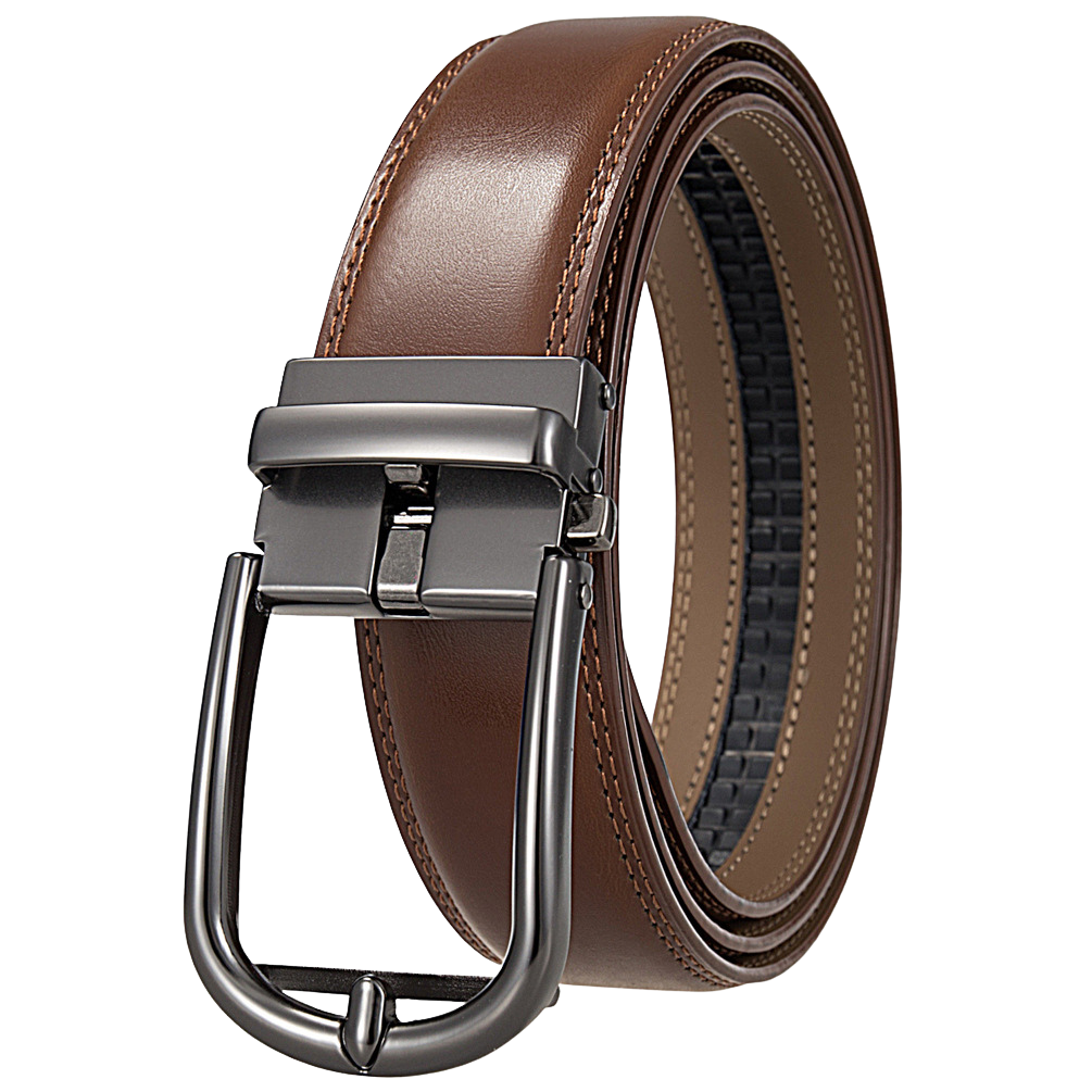 Ceinture homme Arsinoé 2 en cuir de vachette marron avec boucle automatique gunmetal et détail de surpiqûre ton sur ton.