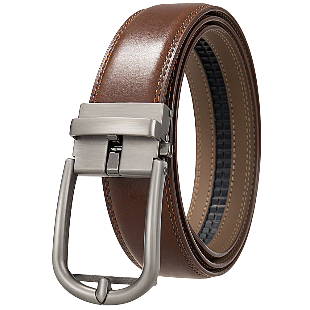Ceinture homme Arsinoé 2 en cuir de vachette marron avec boucle métallique argentée automatique et design épuré.