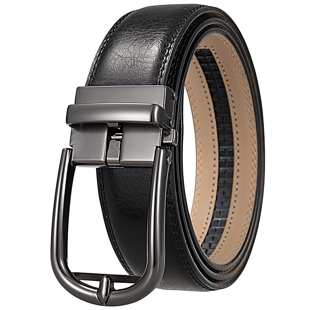 Ceinture pour homme Arsinoé 3 en cuir de vachette noir avec boucle automatique arrondie gunmetal et doublure beige.