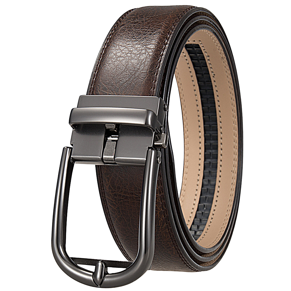 Ceinture homme Arsinoé 3 en cuir de vachette marron vieilli avec boucle automatique gunmetal et lanière de 3,5 cm.