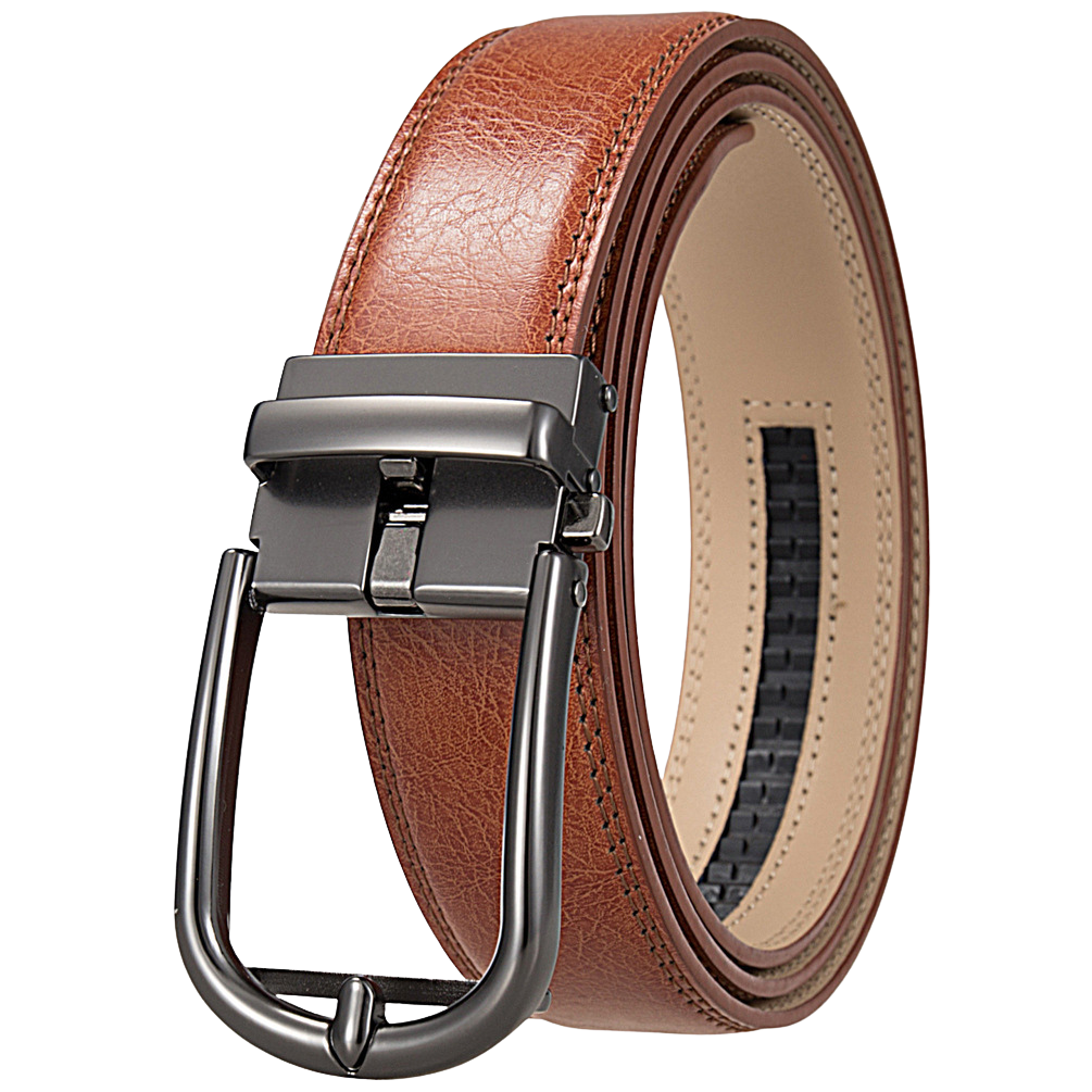 Ceinture Arsinoé 3 en cuir de vachette marron cognac avec boucle métallique gunmetal et système automatique dissimulé. Lanière large de 3,5 cm.