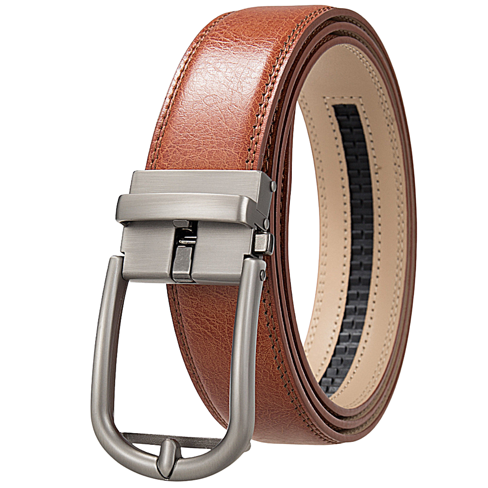 Ceinture homme Arsinoé 3 en cuir de vachette marron cognac avec boucle automatique argentée et design épuré.