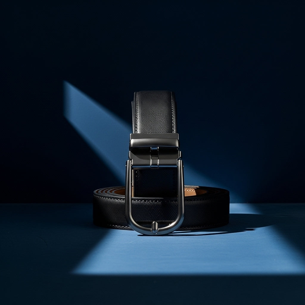 Ceinture homme Arsinoé 4 en cuir de vachette noir avec boucle automatique gunmetal et design épuré #fullwidth