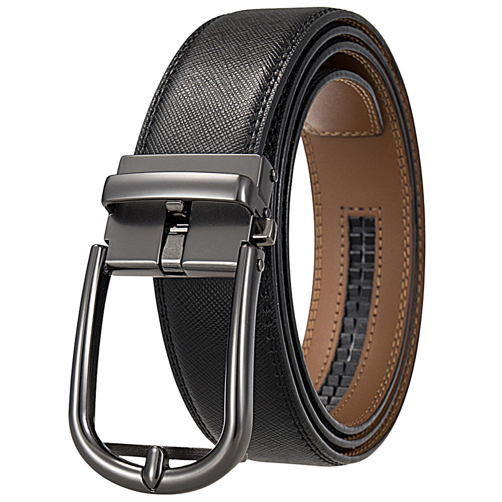 Ceinture pour homme Arsinoé 5 en cuir de vachette noir avec boucle automatique gunmetal et finition grainée.