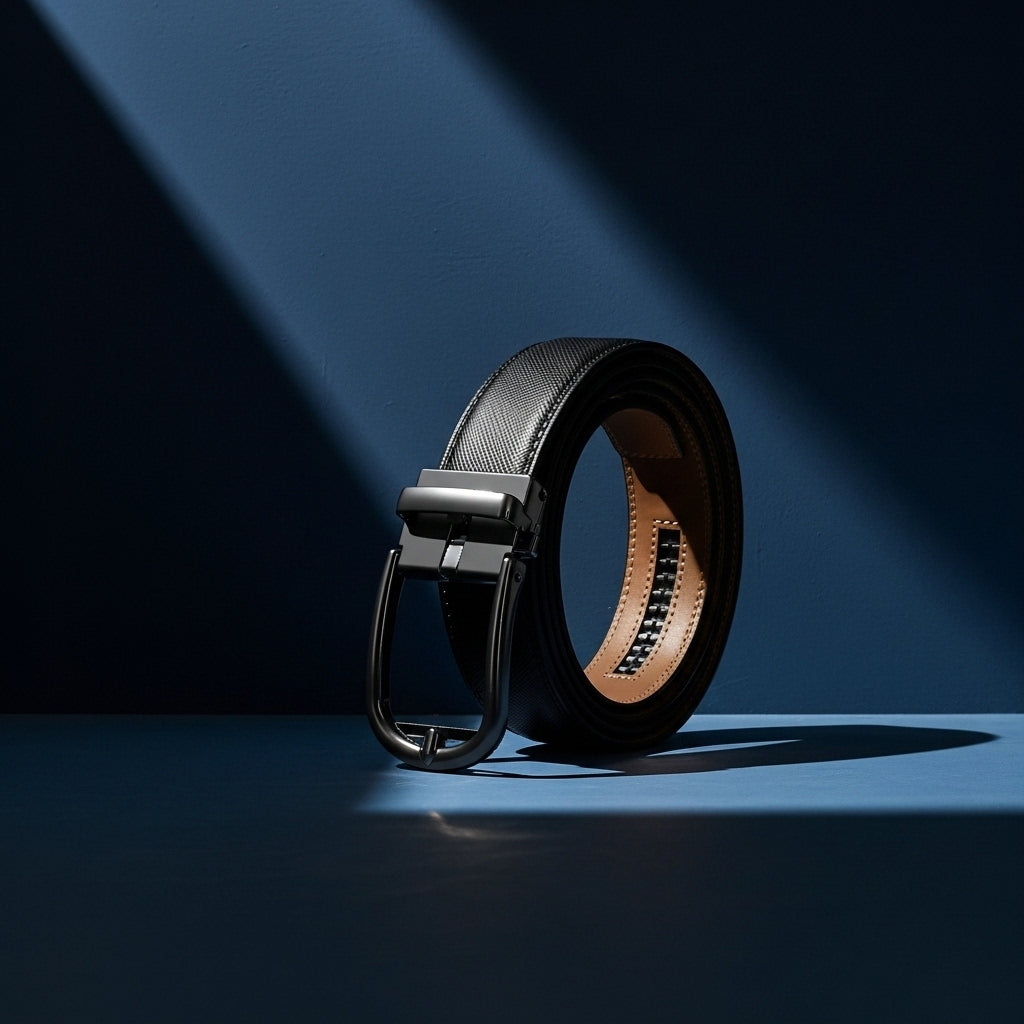 Ceinture homme Arsinoé 5 en cuir de vachette noir avec boucle automatique gunmetal et finition grainée. #fullwidth