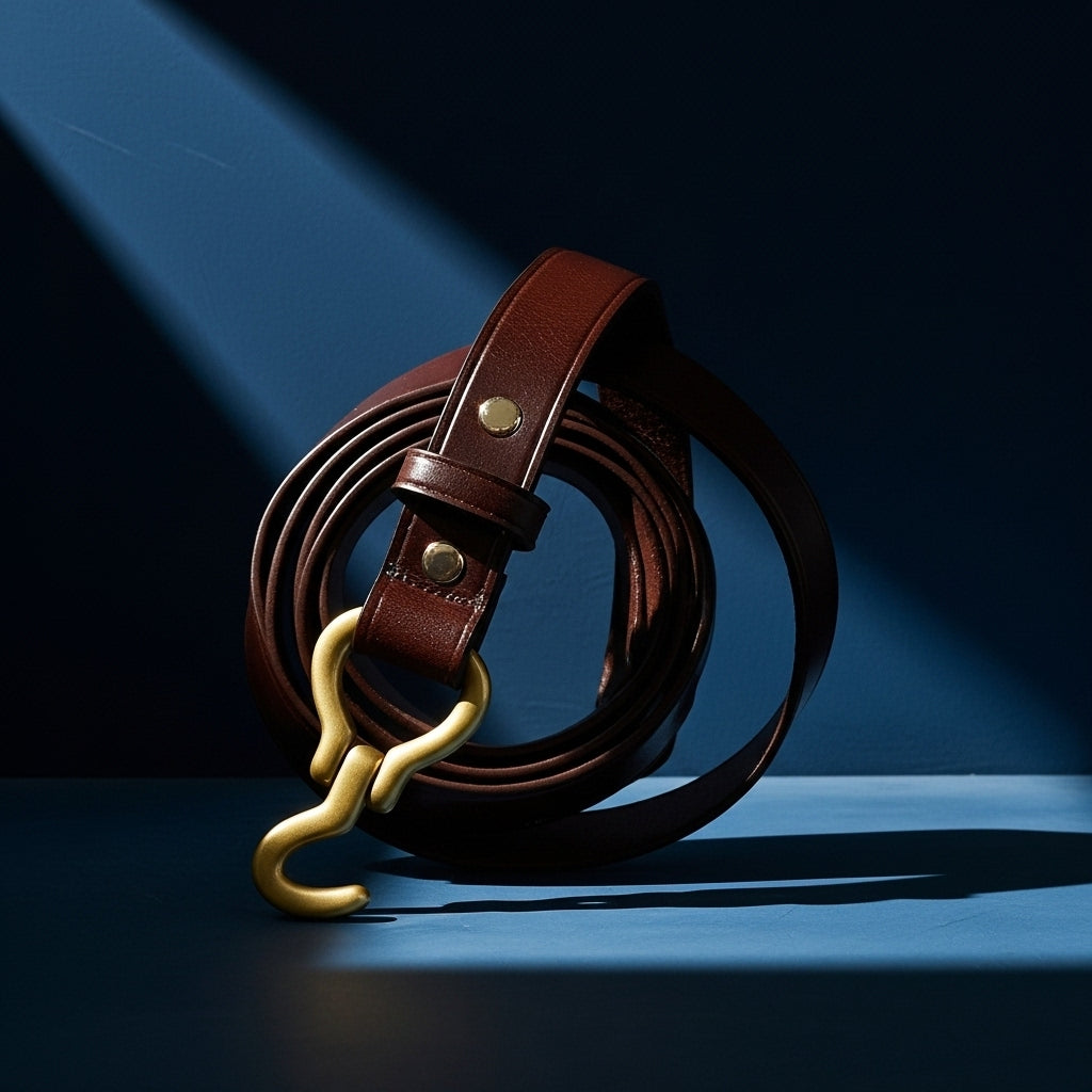 Ceinture Arsinoé en cuir lisse marron foncé, avec une boucle crochet dorée et une finition artisanale. #fullwidth