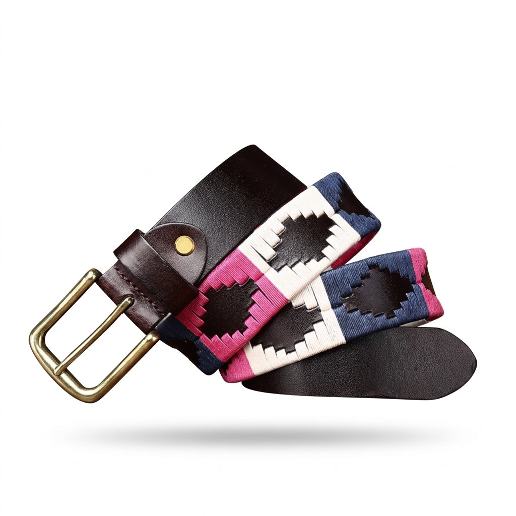 Ceinture Aubrac en cuir pleine fleur marron avec broderies artisanales géométriques roses, blanches et bleues et boucle ardillon en zinc doré vieilli
