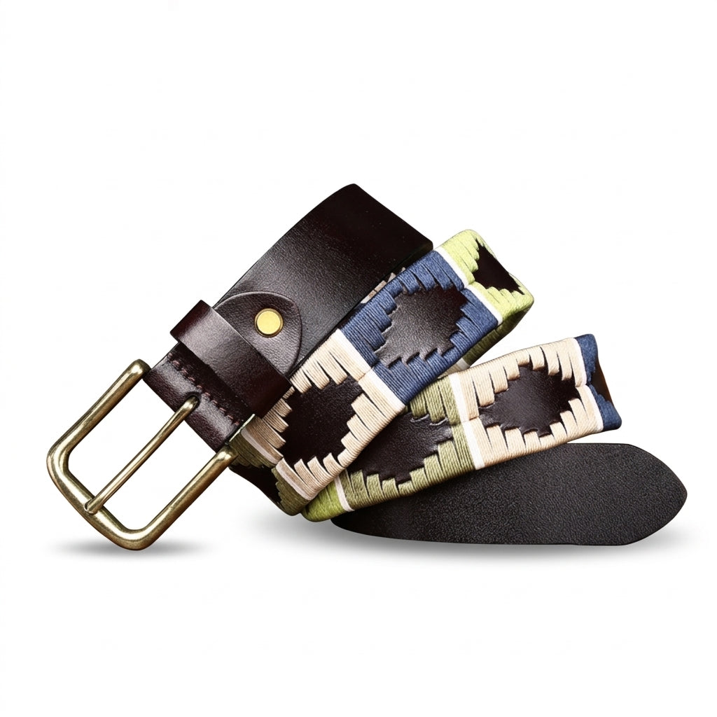 Ceinture Aubrac en cuir pleine fleur marron avec broderies géométriques bohèmes colorées et boucle ardillon en zinc doré vieilli