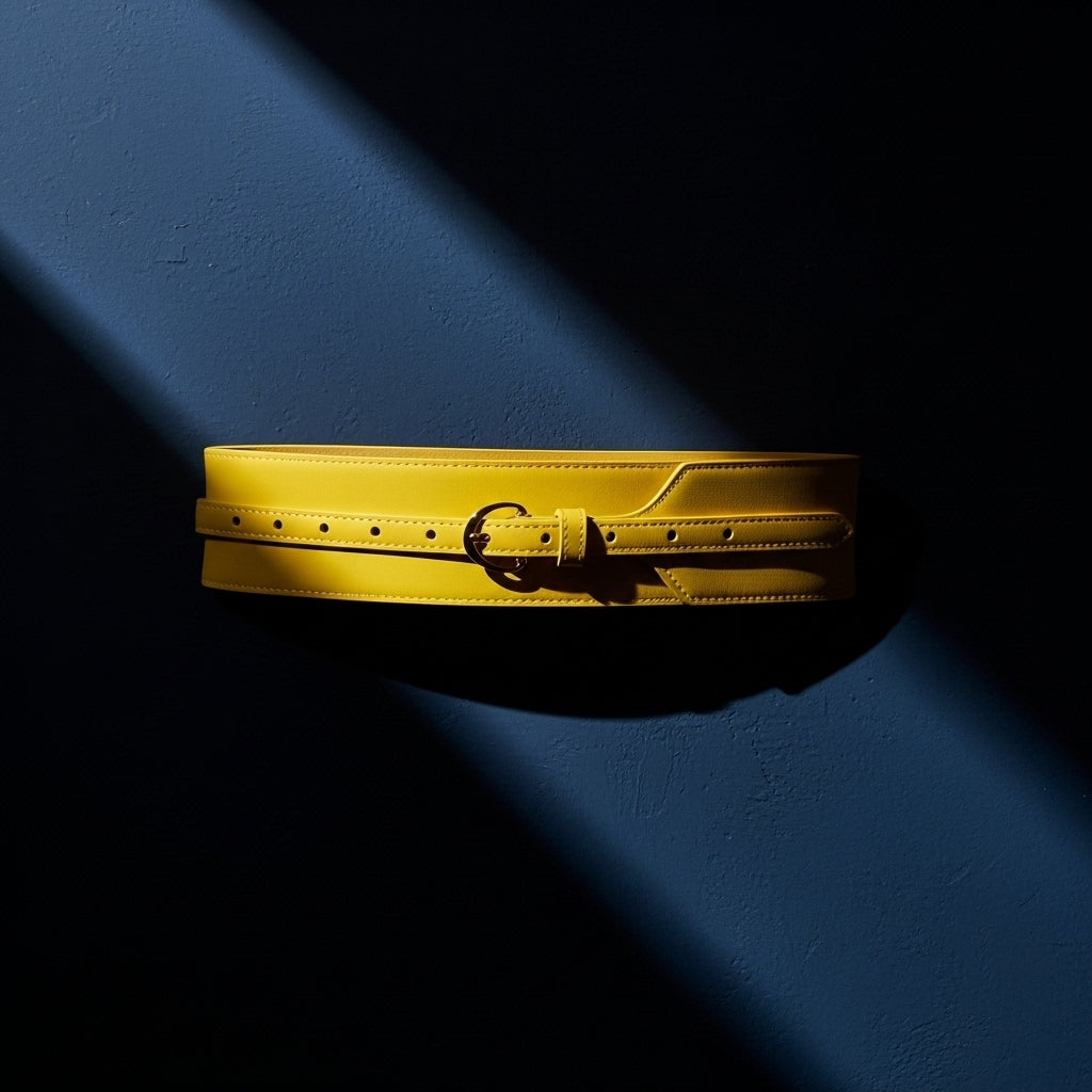 Ceinture Audace jaune en cuir verni rigide, avec une boucle dorée à ardillon et double surpiqûre décorative, sur fond bleu #fullwidth
