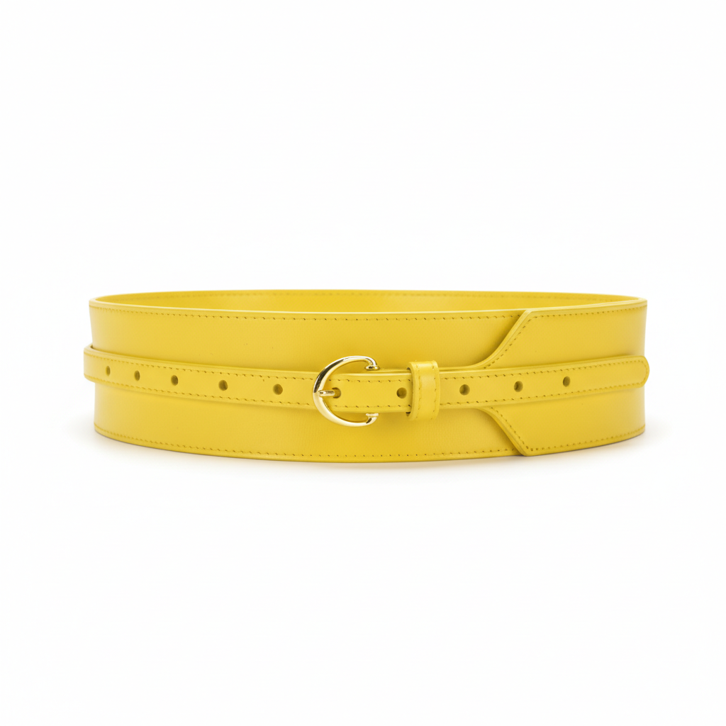 Ceinture Audace jaune en cuir verni rigide avec double surpiqûre et boucle dorée à ardillon. Lanière lisse type waist belt ajustable.