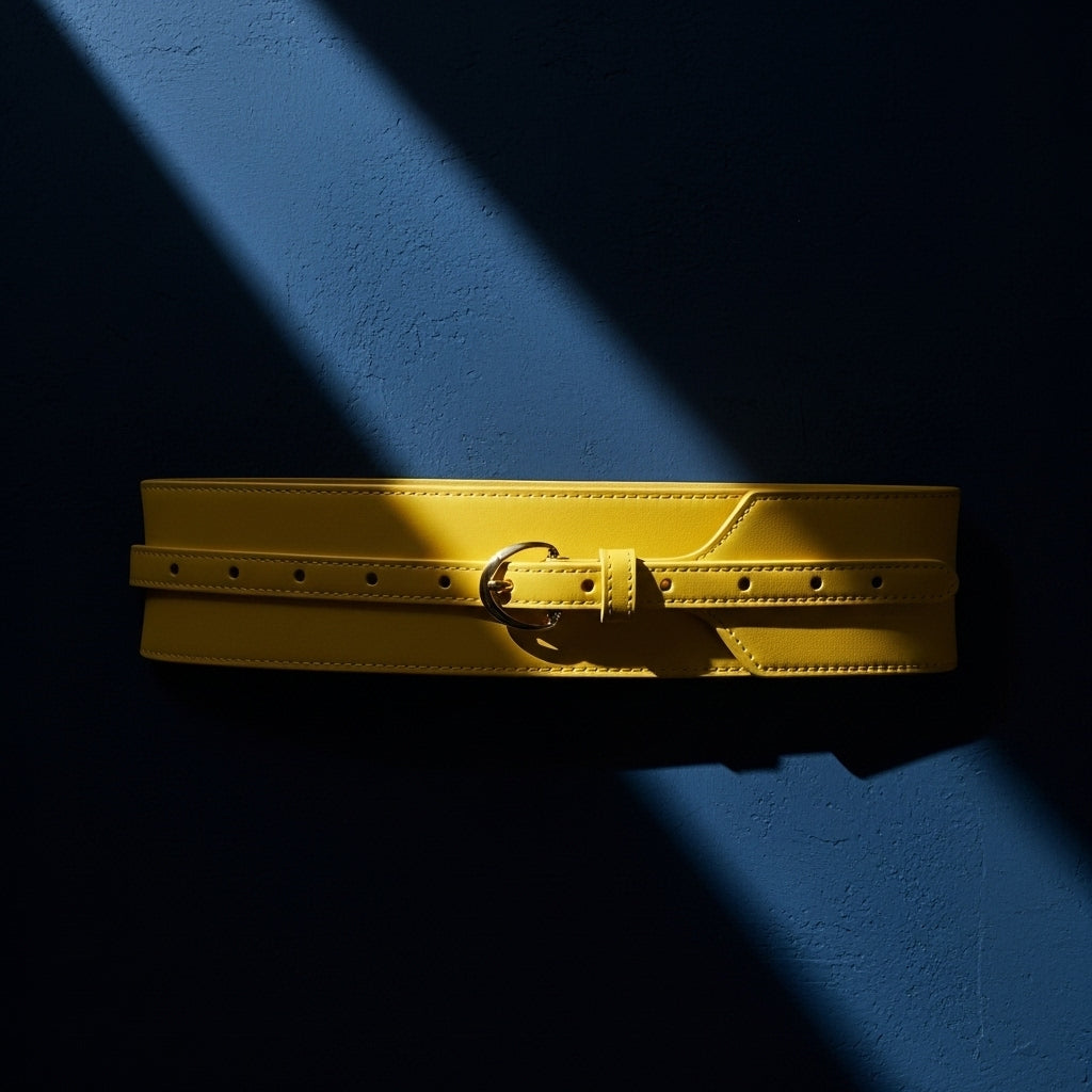 Ceinture Audace jaune en cuir verni rigide avec double surpiqûre et boucle dorée, présentée sur fond bleu avec des jeux d'ombre et de lumière. #fullwidth