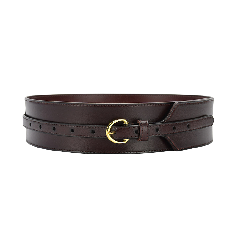 Ceinture femme Audace en cuir verni bordeaux foncé avec boucle dorée et double surpiqûre décorative, style waist belt.