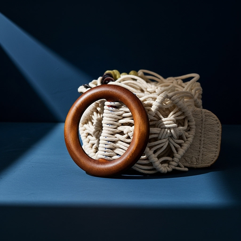 Ceinture Aurélie en tissu tressé blanc avec boucle ronde en bois naturel et perles décoratives, style bohème. #fullwidth