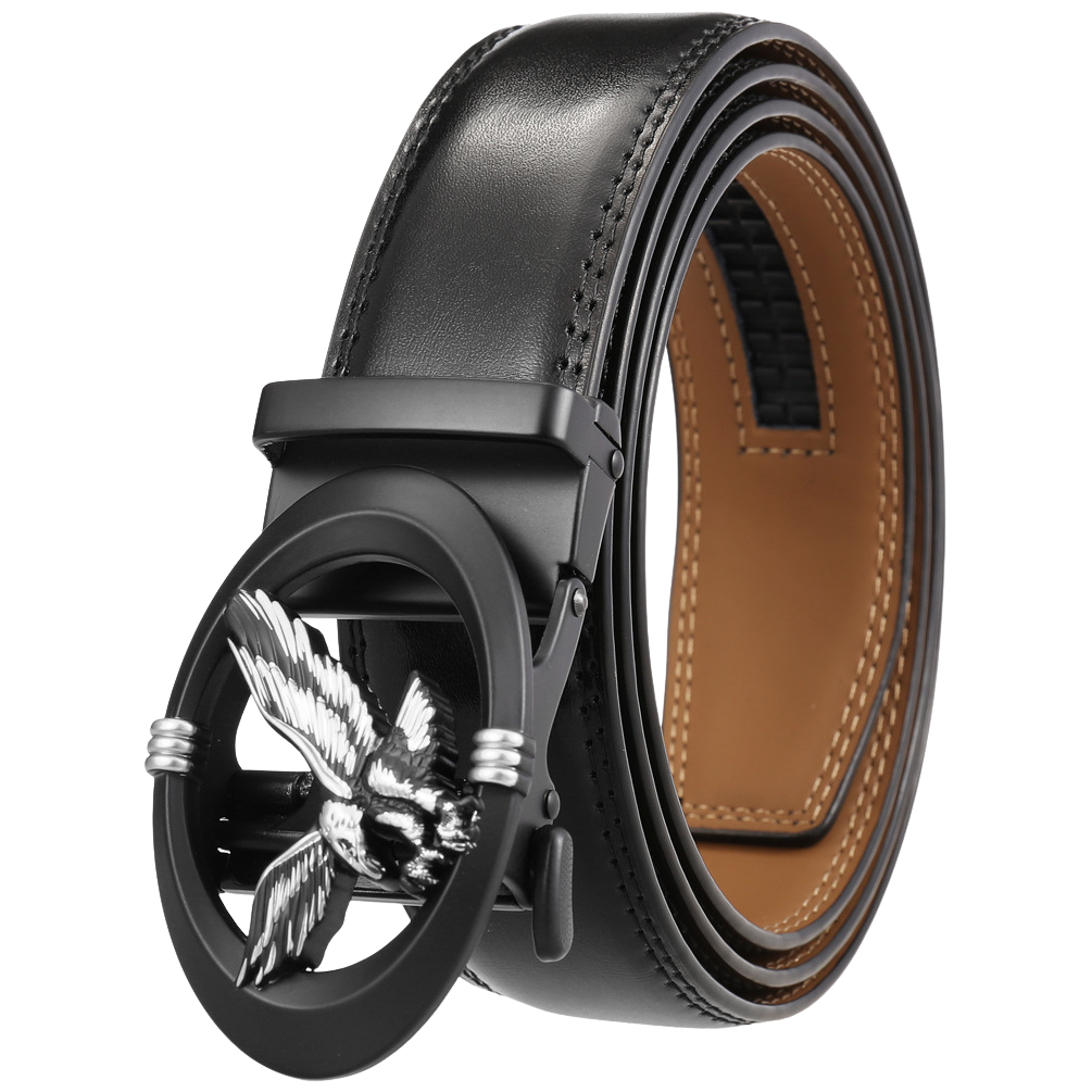 Ceinture Aurélien Argenté noire pour homme avec une boucle automatique rotative ornée d'un aigle argenté