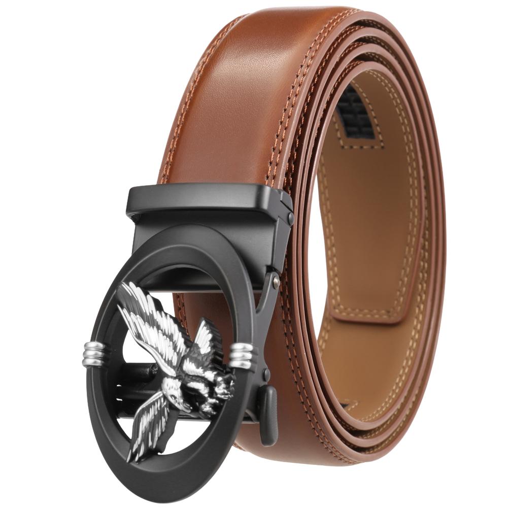 Ceinture Aurélien Argenté marron en cuir de vachette avec boucle automatique rotative ornée d'un aigle argenté