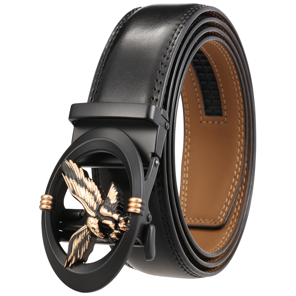 Ceinture homme Aurélien Doré noire avec boucle ovale ornée d'un aigle doré et de détails dorés sur fond noir