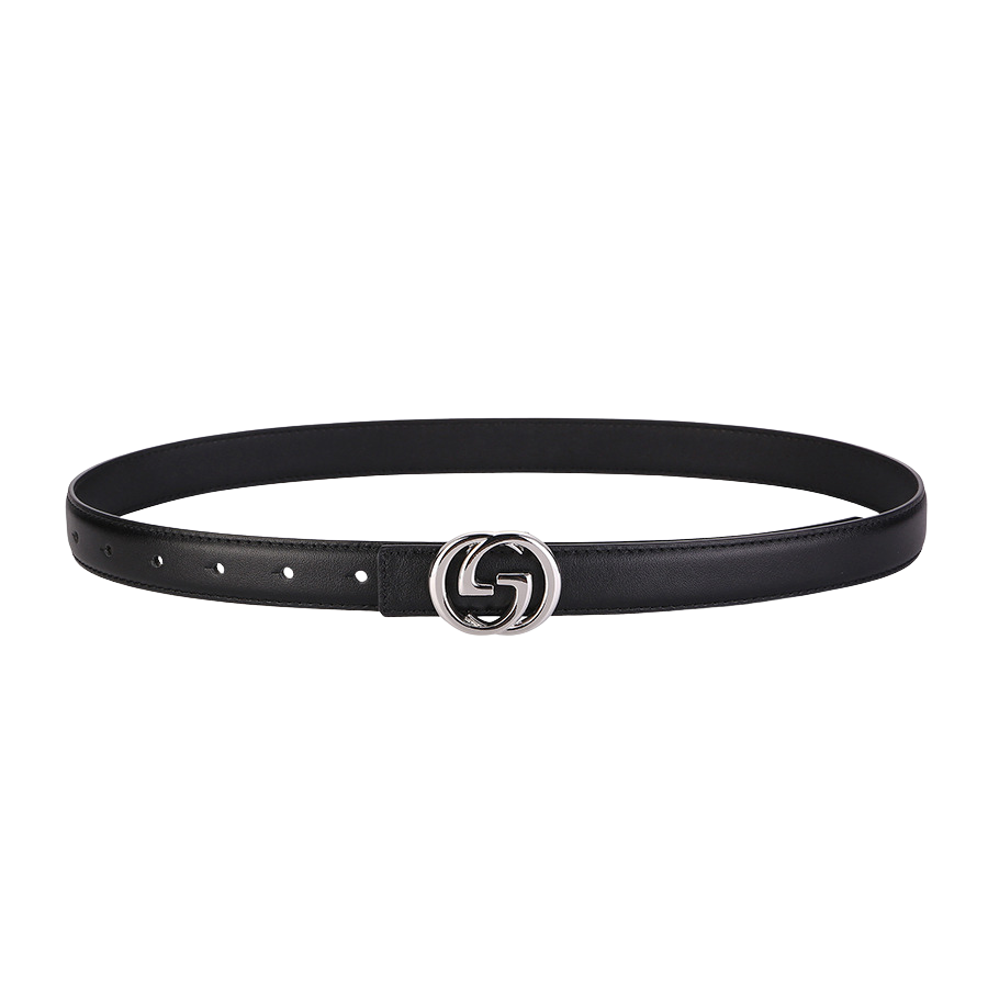 Ceinture femme Aurore en cuir noir lisse avec boucle argentée double G et fermeture crochet clou.