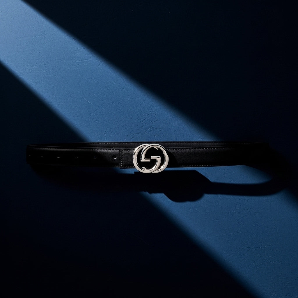 Ceinture noire Aurore en cuir pleine fleur avec boucle argentée double G, sur fond bleu avec jeu d'ombre #fullwidth