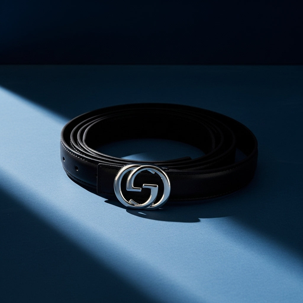 Ceinture femme Aurore en cuir noir lisse avec boucle argentée double G entrelacée. #fullwidth