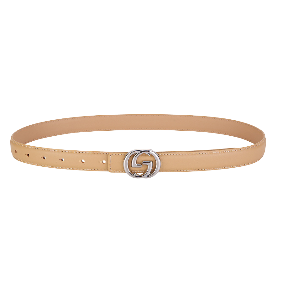 Ceinture femme Aurore en cuir beige lisse avec boucle argentée double G et fermeture crochet clou