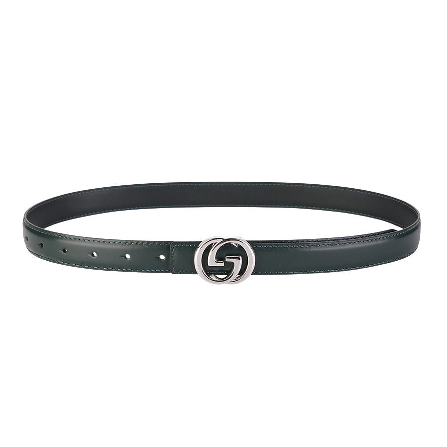 Ceinture verte Aurore en cuir pleine fleur avec boucle argentée double G