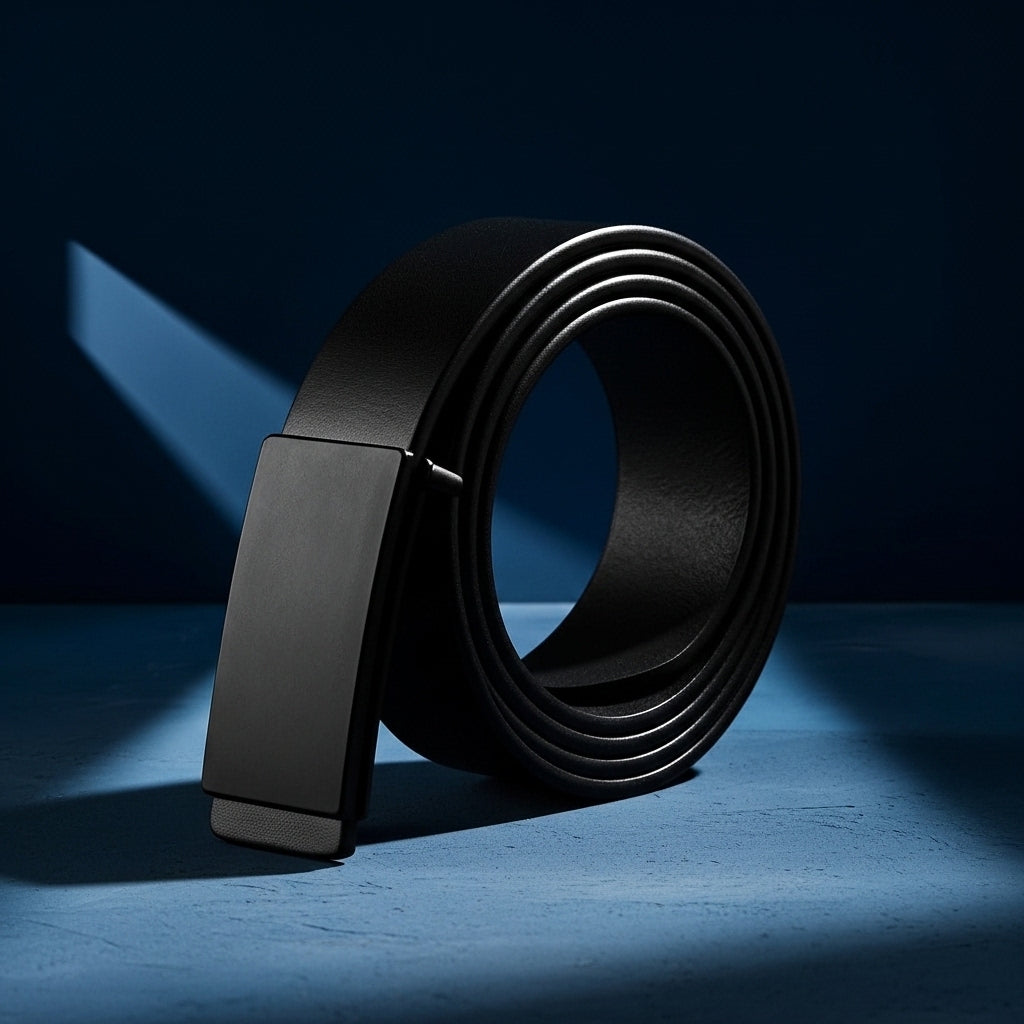 Ceinture Austerl noire pour homme en cuir pleine fleur avec boucle rectangulaire automatique et lanière lisse de 3,3 cm de large #fullwidth