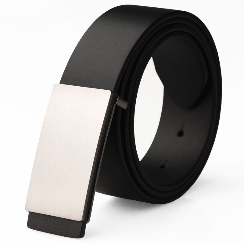 Ceinture Austerl pour homme en cuir pleine fleur noir avec boucle automatique rectangulaire argentée.
