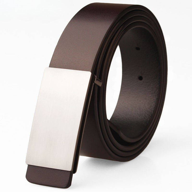 Ceinture pour homme Austerl en cuir pleine fleur marron avec boucle automatique rectangulaire argentée. #fullwidth