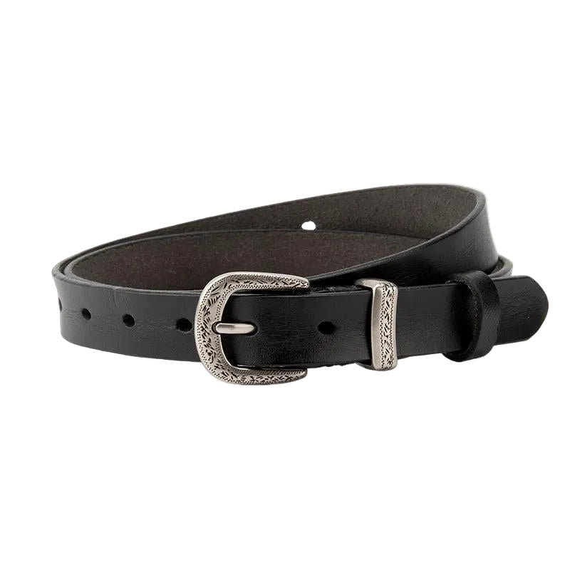 Ceinture femme Aveline en cuir pleine fleur noir avec boucle ardillon argentée finement sculptée de motifs floraux vintage