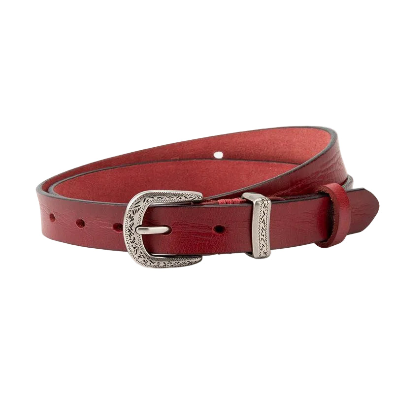 Ceinture femme Aveline en cuir pleine fleur rouge avec boucle ardillon arrondie en métal argenté aux motifs vintage