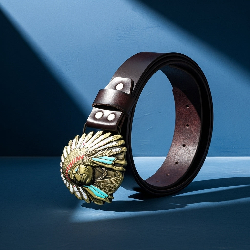 Ceinture Baroudeur pour homme en cuir marron avec une boucle western ornée d'un motif chef indien gravé et des détails turquoise. #fullwidth