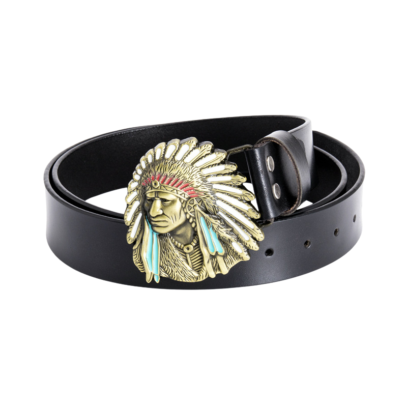 Ceinture Baroudeur pour homme en cuir noir avec une boucle western dorée représentant un chef indien gravé, 3.8 cm de largeur