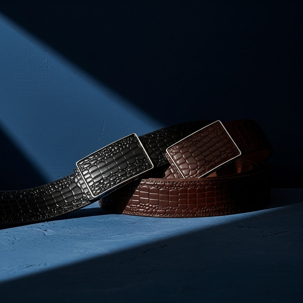 Ceinture Barthélemy homme en cuir de vachette pleine fleur avec motif crocodile embossé, boucle automatique noire rectangulaire. Available en noir et marron. #fullwidth
