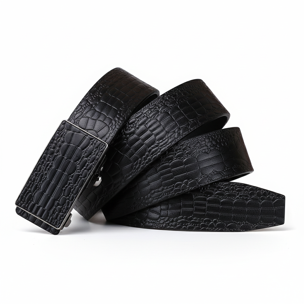 Ceinture noire Barthélemy en cuir pleine fleur avec motif crocodile embossé et boucle automatique rectangulaire noire