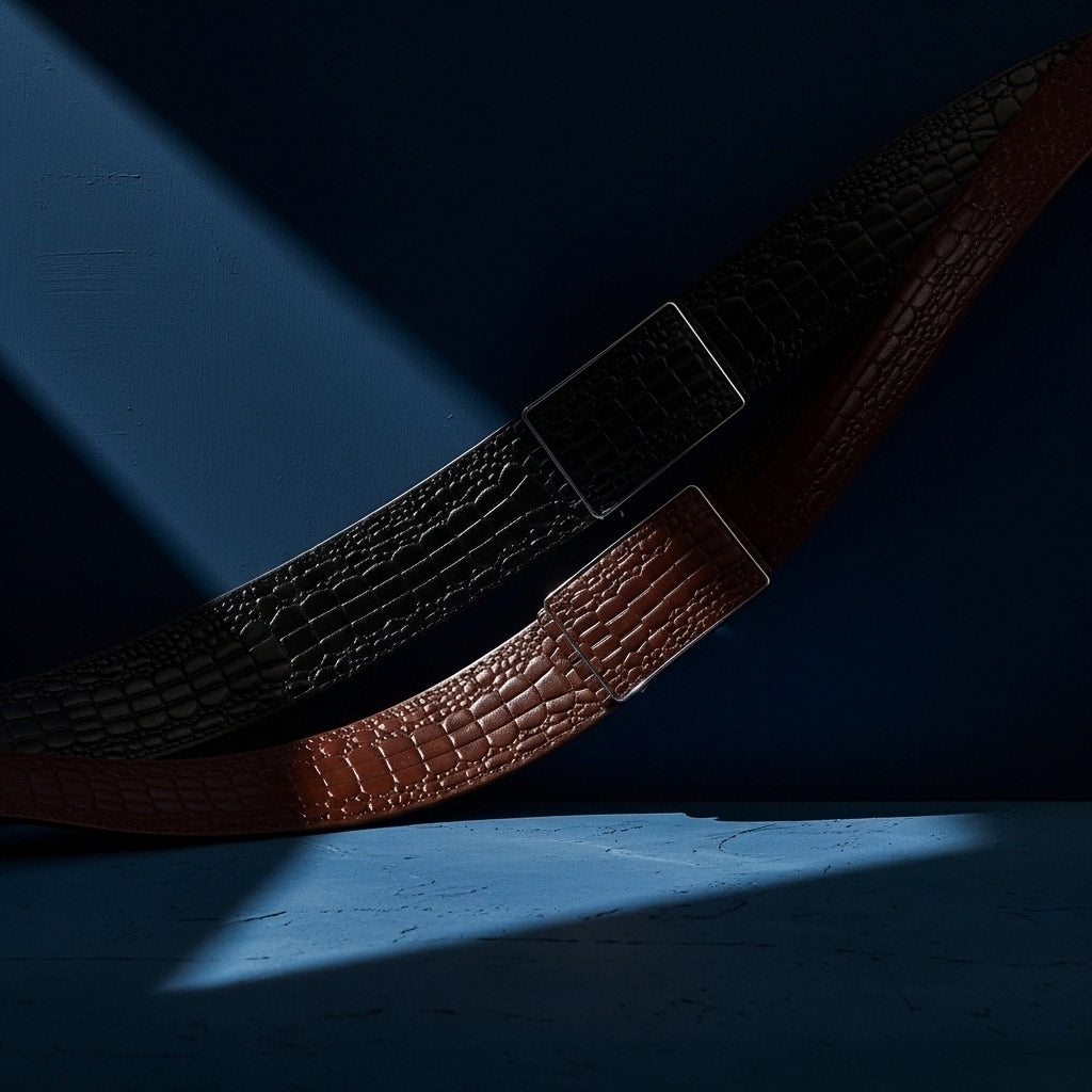 Ceinture Barthélemy en cuir de vachette pleine fleur avec motif crocodile embossé, disponible en noir et marron. Boucle rectangulaire automatique en alliage noir. Lanière de 3,5 cm de large. #fullwidth