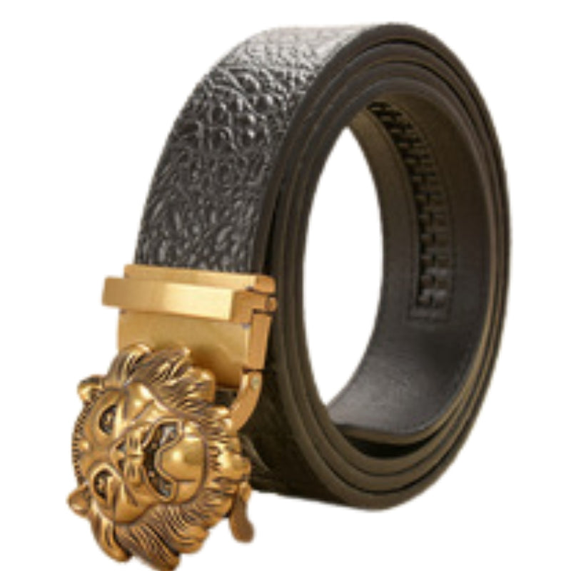 Ceinture homme Basile noire en cuir de vachette avec relief crocodile et boucle automatique dorée ornée d'une tête de lion