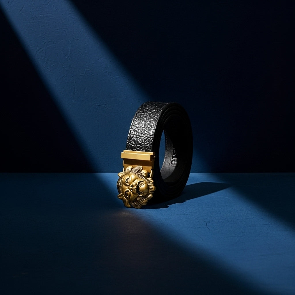 Ceinture homme Basile en cuir noir avec relief crocodile et boucle ardillon dorée ornée d'une tête de lion en relief.